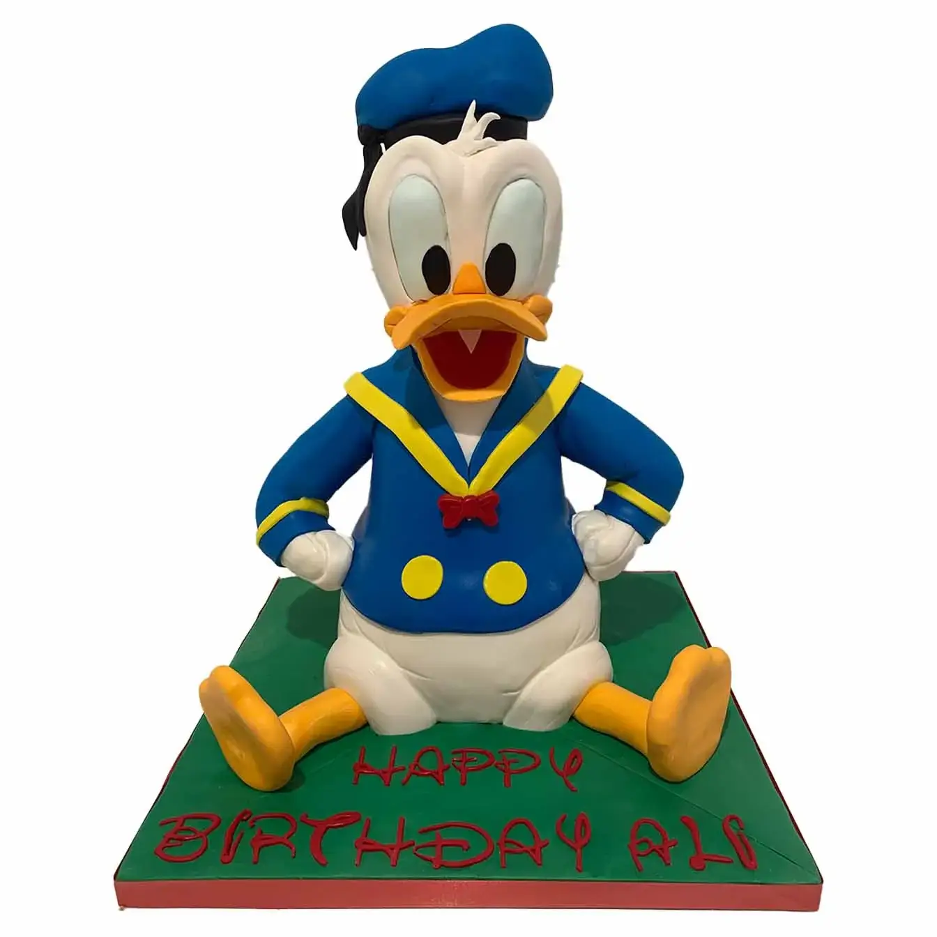 Donald Duck Delight Cake - A cake featuring a lifelike 3D representation of Donald Duck, a whimsical centerpiece for celebrations and fans of this classic character.